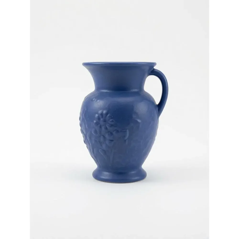 Vintage Red Wing Pottery #858 Double Handle Blue Speckled Vase Floral Relief USA
